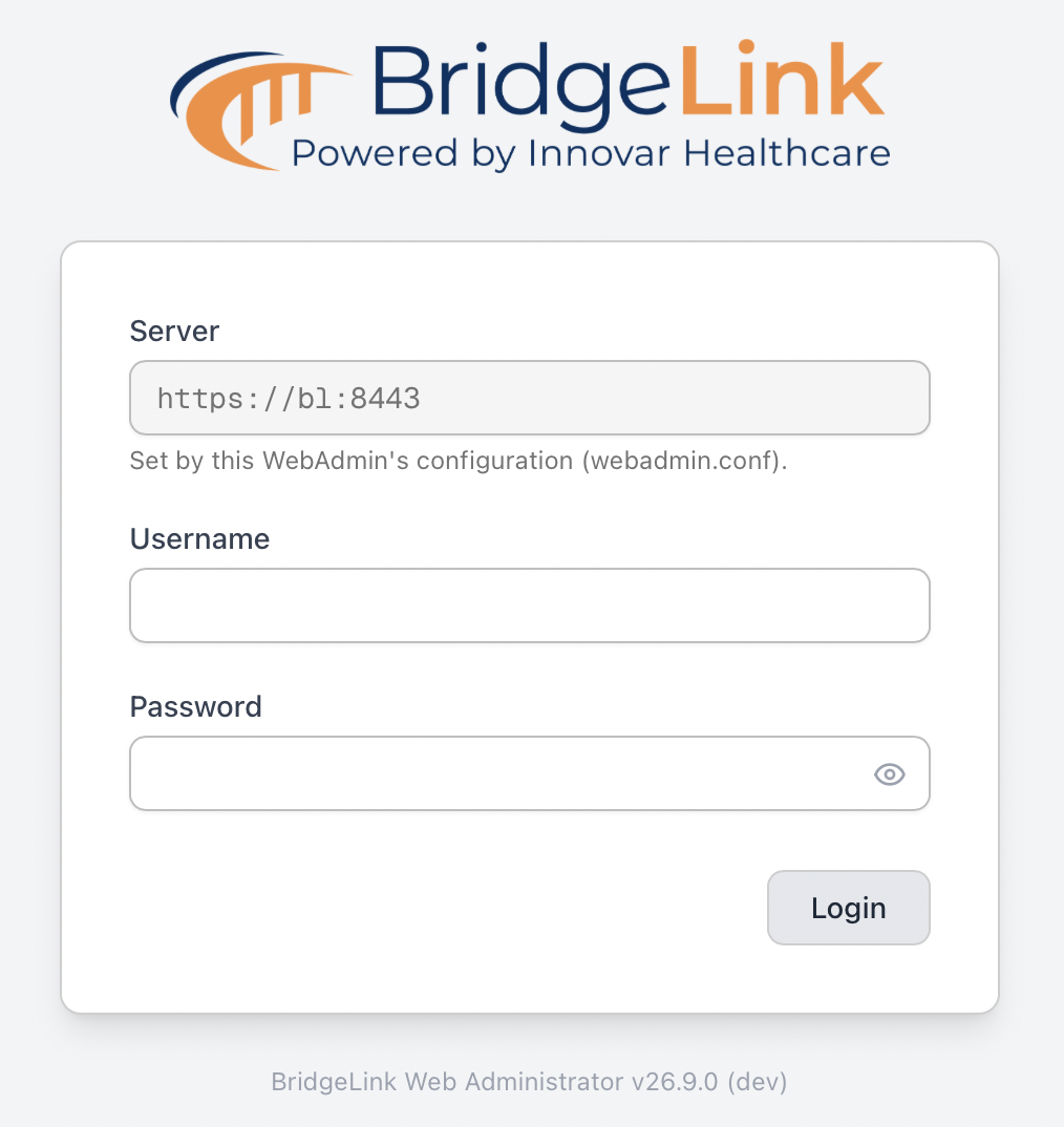 Figure 1: The WebAdmin sign-in screen in a browser, showing the Server field filled in with https://bl:8443 and read-only, with the note "Set by this WebAdmin's configuration (webadmin.conf)." under it, the Username and Password fields, and the Login button.