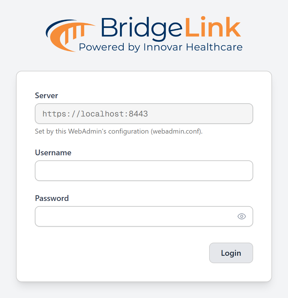 Figure 2: The WebAdmin sign-in screen in a browser, showing the Server field filled in and read-only for a Same Host install, the Username and Password fields, and the Login button.