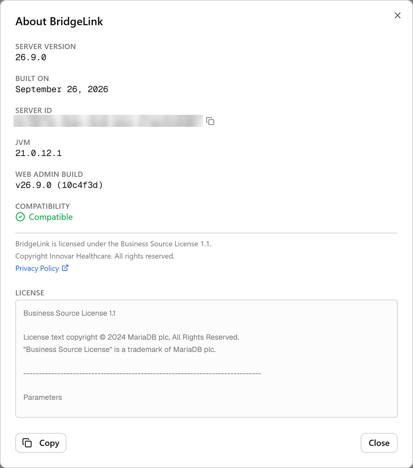 Figure 3: The About BridgeLink dialog in WebAdmin, showing the Server Version, Built On, Server ID (blurred here, with its copy icon), JVM, Web Admin Build and Compatibility rows.