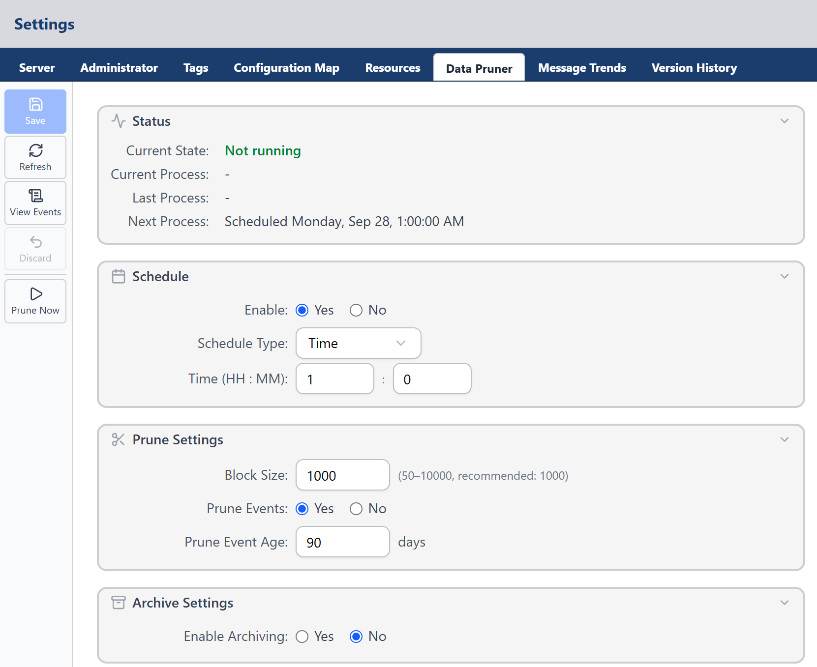 Figure 4: The Data Pruner tab of the Settings page, showing the Status section, the Schedule section with Enable set to Yes and Schedule Type set to Time, the Prune Settings section and the Archive Settings section.