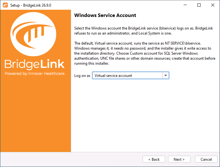 Figure 1: The BridgeLink installer's Windows Service Account screen, with Virtual service account selected in the Log on as list.