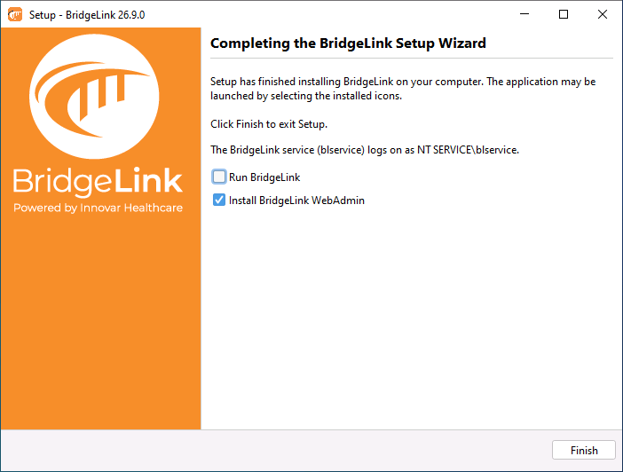 Figure 2: The last screen of the BridgeLink installer on Windows, showing the Run BridgeLink checkbox cleared and the Install BridgeLink WebAdmin checkbox checked, with the Finish button.