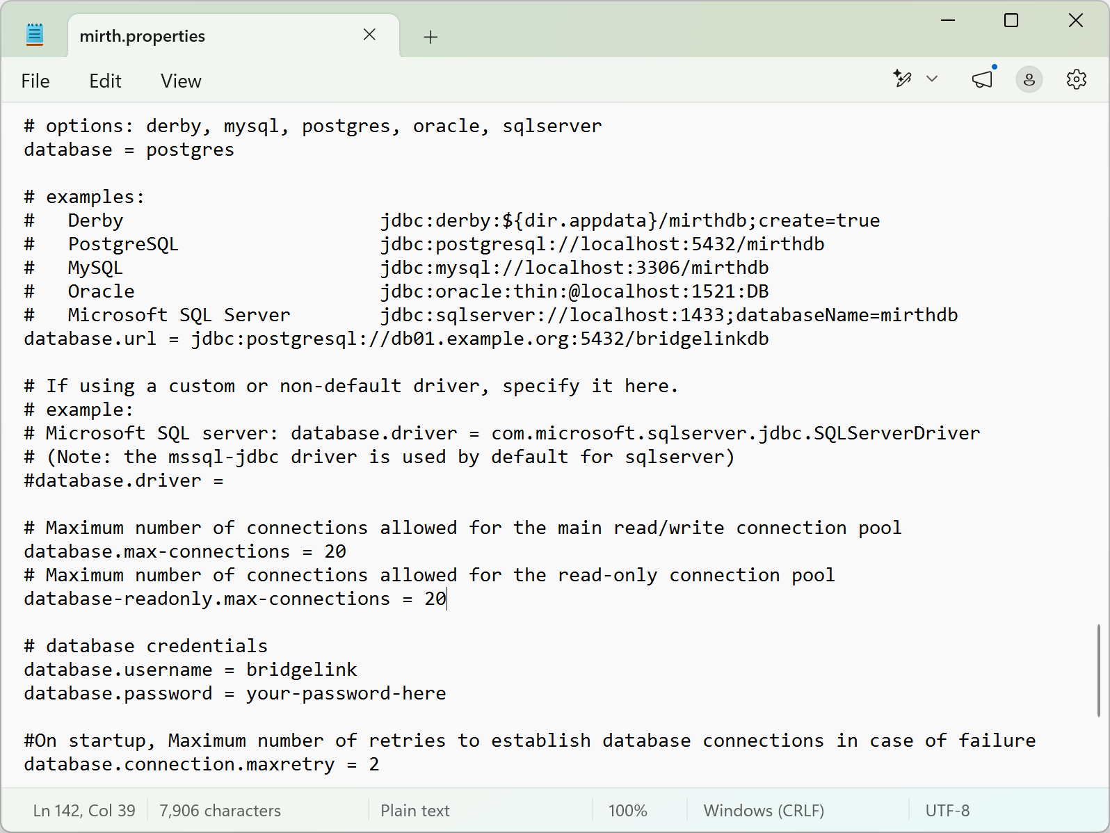 Figure 3: conf\mirth.properties open in Notepad on Windows, scrolled to the database section, showing database = postgres, a database.url line for the host db01.example.org, database.username filled in, and a placeholder password.