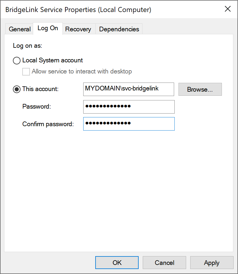 Figure 4: The Properties dialog for BridgeLink Service in the Windows Services console, on the Log On tab, with This account selected and a made-up account MYDOMAIN\svc-bridgelink entered, and the password fields masked.